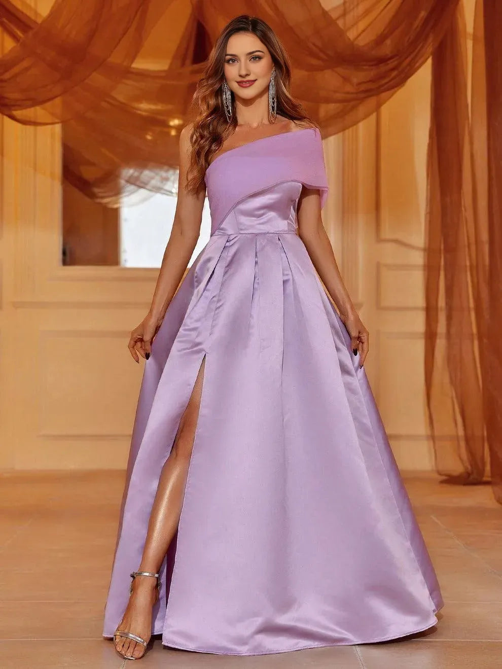 Elegant Evening Dresses/ One Shoulder Asymmetrical Neck Slit Satin A Line Prom Dress Evening Dresses/ Evening Dresses For Women